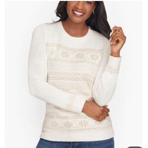 Talbots Women’s Shimmer Snowflake Fair Isle Crewneck Sweater Size XS Cream/Gold‎